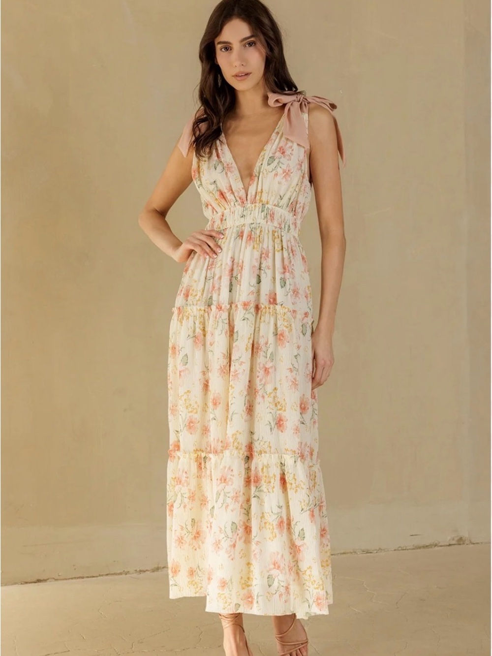 STORIA Floral Tiered Midi Dress Cream & Pink Like New